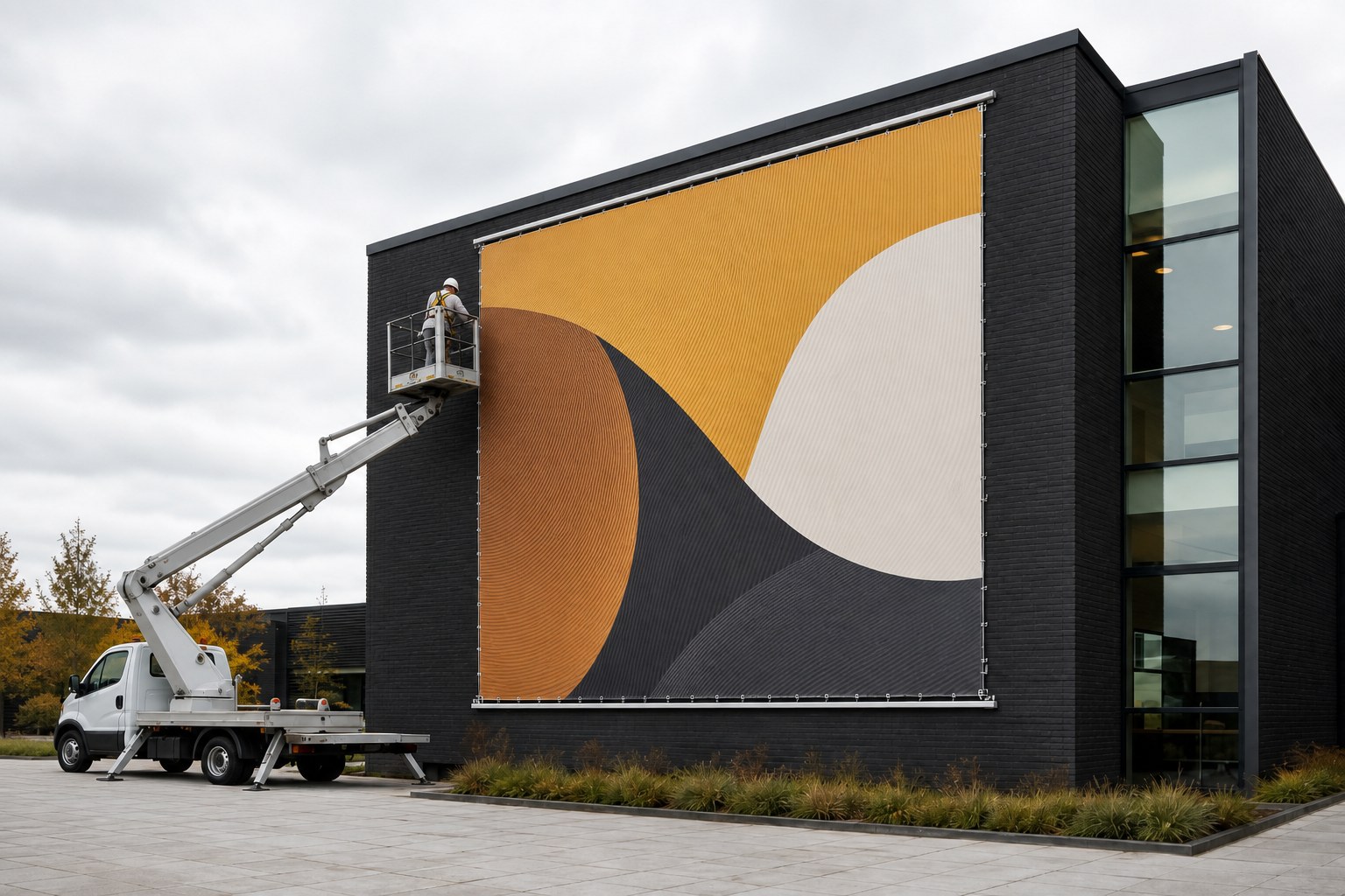 Facadebanner monteret på erhvervsbygning