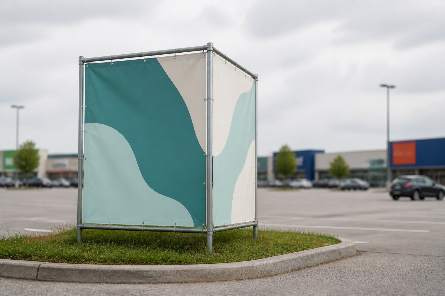3-sidet fritstående bannersystem på plads